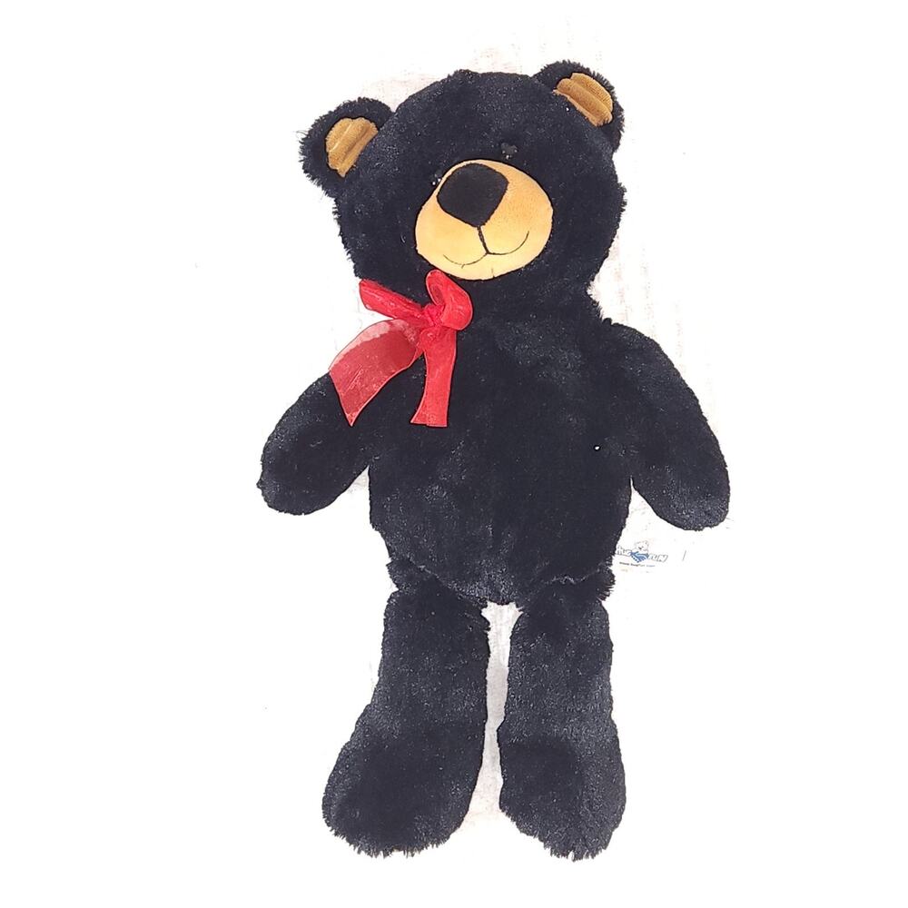 Hugfun Black Bear Plush 16" Stuffed Animal Red Ribbon Bow Corduroy Feet Soft